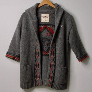 Hollister Gray Lamb Wool Cardigan Sweater Aztec Southwestern Bear Medium Large